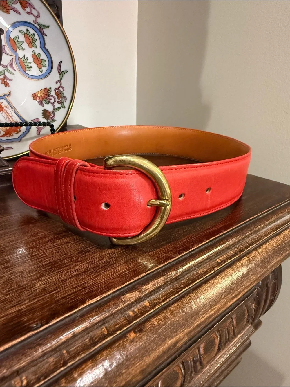 COACH Leather Wide Belt with Brass Ring Buckle - Red-31” long by 1.5 wide